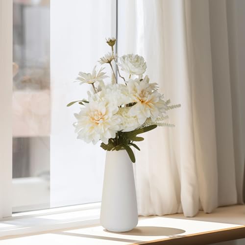 BLOSMON Kunstblumen Blumenstrauß mit Keramik Vase: Künstliche Blumen Weiß Blumengestecke wie echt im Weiße Topf für Geschenk Wohnzimmer Deko Schlafzimmer Hochzeit Dekoration Zuhause Tischdeko von BLOSMON