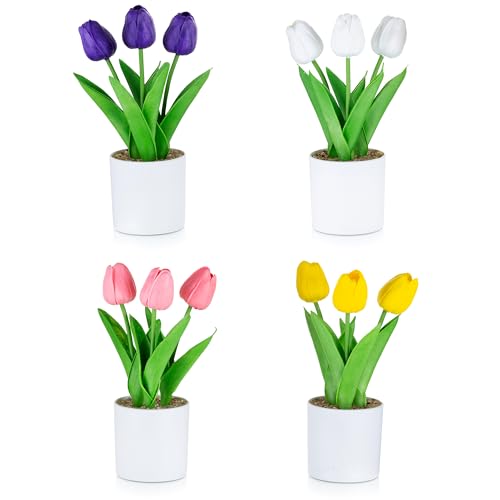 BLOSMON Kunstblumen Künstliche Tulpen mit Topf: 4 Stücke Künstlich Blumen wie echt Mini Blumenstrauß Tulpe im Weiß Plastik Vase für Geschenk Wohnzimmer Deko Zuhause Hochzeit Dekoration von BLOSMON