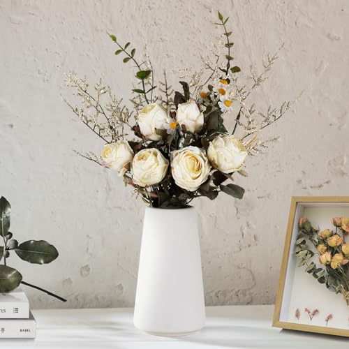 BLOSMON Kunstblumen Rose mit Keramikvase: Weiß Rosen Künstliche Blumen Blumenstrauß im Keramik Vase Weiße Topf für Geschenk Zuhause Deko Bürodeko Wohnzimmer Tischdeko Hochzeit Dekoration von BLOSMON