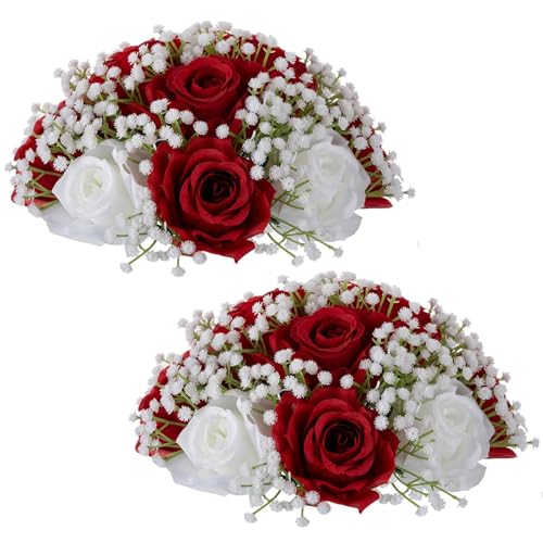 BLOSMON Kunstblumen Rosen Schleierkraut Dekoration: 2 Stück Burgundisch Künstliche Rose Gypsophila Blumenstrauß Blumen Kugeln für Hochzeitsdeko Tischdeko Party Tafelaufsätze Zuhause Zimmer Deko von BLOSMON