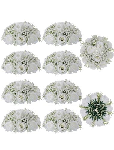 BLOSMON Kunstblumen Rosen Schleierkraut Hochzeitsdeko: 10 Stück Weiß Künstliche Rose Gypsophila Blumenstrauß Blumen Kugeln für Tischdeko Hochzeit Party Tafelaufsätze Dekoration Zuhause Zimmer Deko von BLOSMON