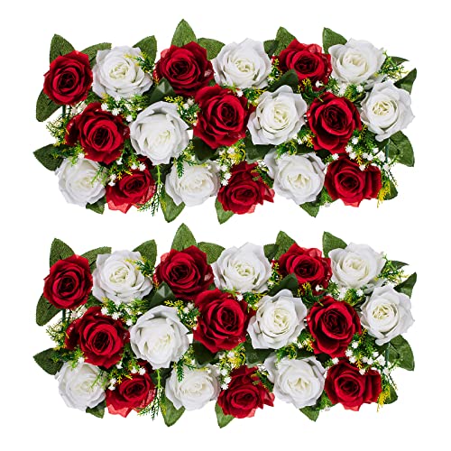 BLOSMON Rosen Kunstblumen Hochzeitsdeko Künstliche Blumen 2 Pcs Burgunder & Weiß Rose Tischdeko Hochzeit Kuenstlich Blume Seidenblumen Blumenstrauss Gesteck Home Babyparty Tisch Mittelstück Deko von BLOSMON