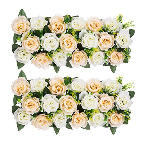 BLOSMON Rosen Kunstblumen Hochzeitsdeko Künstliche Blumen 2 Pcs Champagner & Weiß Rose Tischdeko Hochzeit Kuenstlich Blume Seidenblumen Blumenstrauss Gesteck Home Babyparty Tisch Mittelstück Deko von BLOSMON