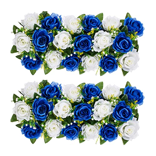 BLOSMON Rosen Kunstblumen Hochzeitsdeko Künstliche Blumen 2 Pcs Königsblau & Weiß Rose Tischdeko Hochzeit Kuenstlich Blume Seidenblumen Blumenstrauss Gesteck Home Babyparty Tisch Mittelstück Deko von BLOSMON