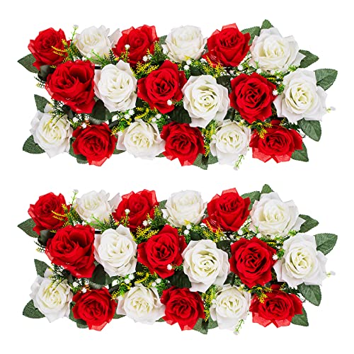 BLOSMON Rosen Kunstblumen Hochzeitsdeko Künstliche Blumen 2 Pcs Rot & Weiß Rose Tischdeko Hochzeit Kuenstlich Blume Seidenblumen Blumenstrauss Gesteck Fuer Home Babyparty Tisch Mittelstück Deko von BLOSMON