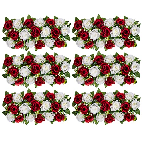 BLOSMON Rosen Kunstblumen Hochzeitsdeko Künstliche Blumen 6 Pcs Burgunder & Weiß Rose Tischdeko Hochzeit Kuenstlich Blume Seidenblumen Blumenstrauss Gesteck Home Babyparty Tisch Mittelstück Deko von BLOSMON