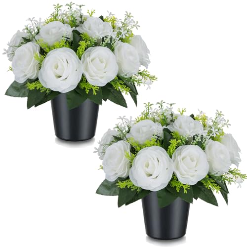 Memobloom Künstliche Blumen im Topf für Grabschmuck: 2 STK Weiß Kunstblumen Künstlich Rosen Grabgestecke mit Vase für Grab Friedhof Deko Trauergesteck Blumenstrauß mit Grabvase für Grabstein Grabdeko von BLOSMON