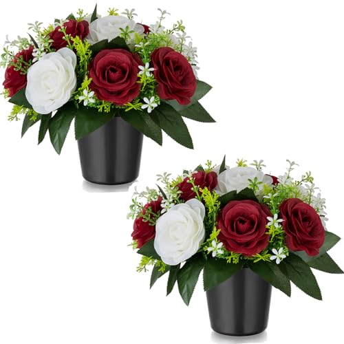 Memobloom Künstliche Blumen im Topf für Grabschmuck: 2 Stücke Rote Kunstblumen Künstlich Rosen Grabgestecke mit Vase für Grab Friedhof Deko Grabgesteck Blumenstrauß mit Grabvase für Grabstein Grabdeko von BLOSMON