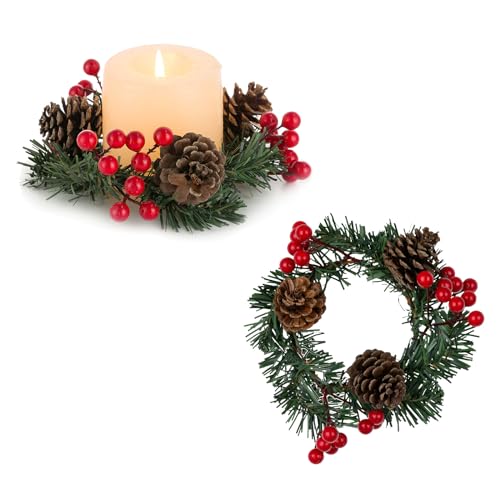 Weihnachten Kranz Kerzen Adventskranz Deko: Blosmon 2 Stücks Mini Weihnachtskranz wit Rot Beeren Pinienzapfen für Weihnachtsdeko Hochzeit Tischdeko Künstlich Türkranz für Fenster Kerzenhalter Wand von BLOSMON