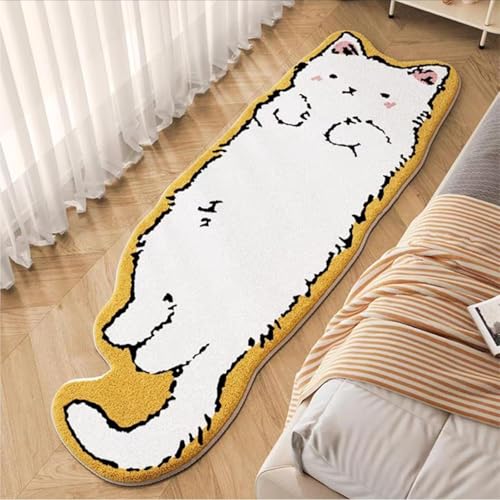 BLOSSOMLIFE Getufteter Katzenteppich, Schlafzimmer, waschbar, niedlich und lustig, saugfähig, lustige Raumdekoration, Badeingang, Nachttisch (weiß, 50 x 160 cm) von BLOSSOMLIFE