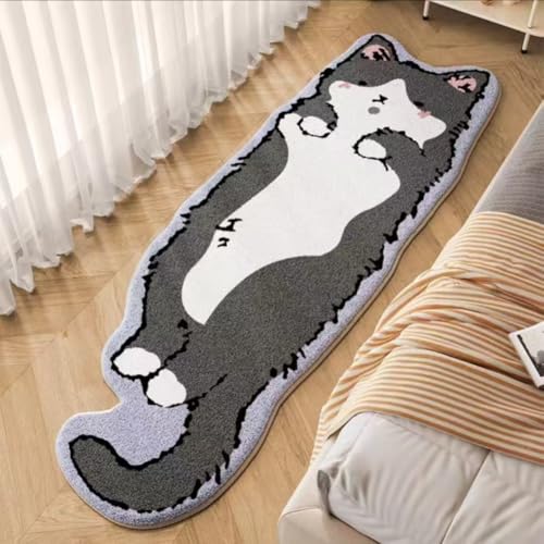 BLOSSOMLIFE Niedlicher Teppich in Katzenform für Schlafzimmer, waschbar, unregelmäßig, Cartoon, getufteter Teppich, modern bedruckt, Raumdekoration (Grau, mittel) von BLOSSOMLIFE