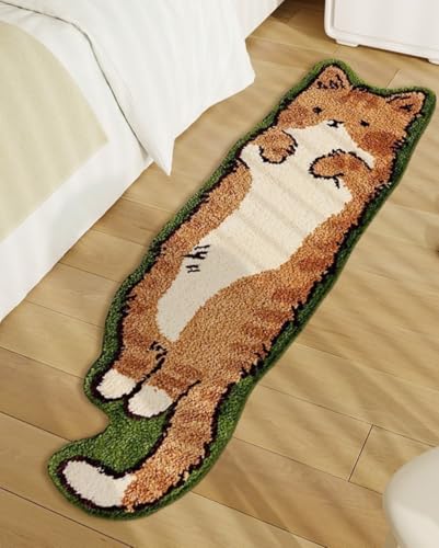 BLOSSOMLIFE Niedlicher Teppich in Katzenform für Schlafzimmer, waschbar, unregelmäßig, Cartoon, getufteter Teppich, modern bedruckt, Raumdekoration (Orange, M) von BLOSSOMLIFE