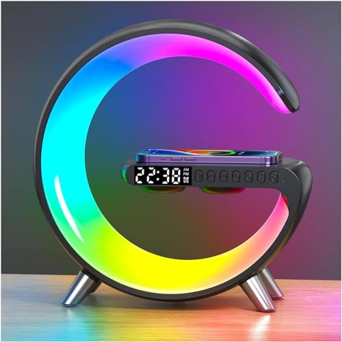 Neue Intelligente LED Tischlampe, 4 in 1 Wireless Charger Nachtlicht Lampe, App Steuerung Bluetooth Lautsprecher Wecker, Home Office Studie Nachttischlampe (Schwarz) von BLOSSOMLIFE