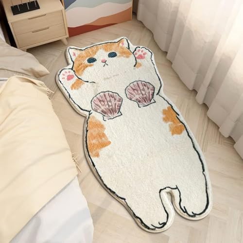 Niedlicher Kinderteppich mit Katzenform, Zottelteppiche für Mädchenzimmer, weicher, zotteliger Teppich, Kitty, rutschfester Teppich mit Cartoon-Tier-Look (40 x 120 cm, Muschelkatze) von BLOSSOMLIFE
