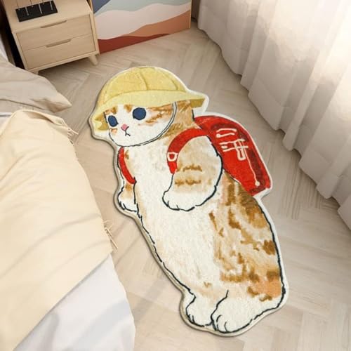 Niedlicher Kinderteppich mit Katzenform, Zottelteppiche für Mädchenzimmer, weicher, zotteliger Teppich, Kitty, rutschfester Teppich mit Cartoon-Tier-Look (60 x 160 cm, gelber Hut, Katze) von BLOSSOMLIFE