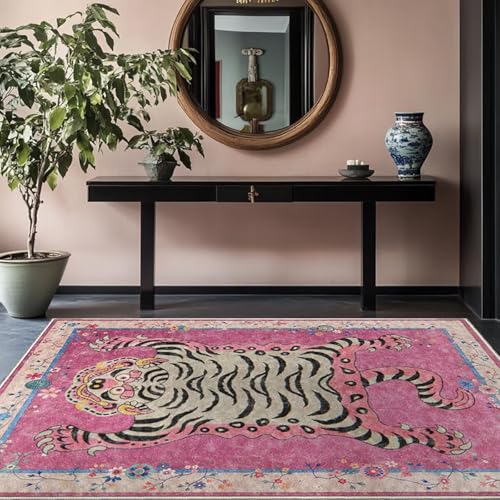 Tibetischer Tiger-Teppich für den Eingangsbereich, Boho, grüner Tiger, waschbar, Leopardenmuster, für Schlafzimmer, Küche, rutschfest, niedriger Flor, Tierbodenmatte, Rosa, 60 x 90 cm Tibetischer Tiger-Teppich für den Eingangsbereich, Boho, grüner Tiger, waschbar, Leopardenmuster, für Schlafzimmer, Küche, rutschfest, niedriger Flor, Tierbodenmatte, Rosa, 60 x 90 cm von BLOSSOMLIFE