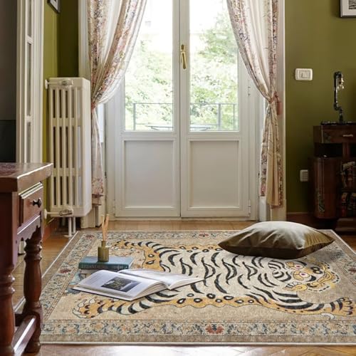 Tibetischer Tiger-Teppich für den Eingangsbereich, Boho, grüner Tiger, waschbar, Leopardenmuster, für Schlafzimmer, Küche, rutschfest, niedriger Flor, Tierbodenmatte (Gelb, 140 x 200 cm) von BLOSSOMLIFE