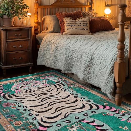 Tibetischer Tiger-Teppich für den Eingangsbereich, Boho, grüner Tiger, waschbar, Leopardenmuster, für Schlafzimmer, Küche, rutschfest, niedriger Flor, Tierbodenmatte (Grün, 60 x 90 cm) von BLOSSOMLIFE