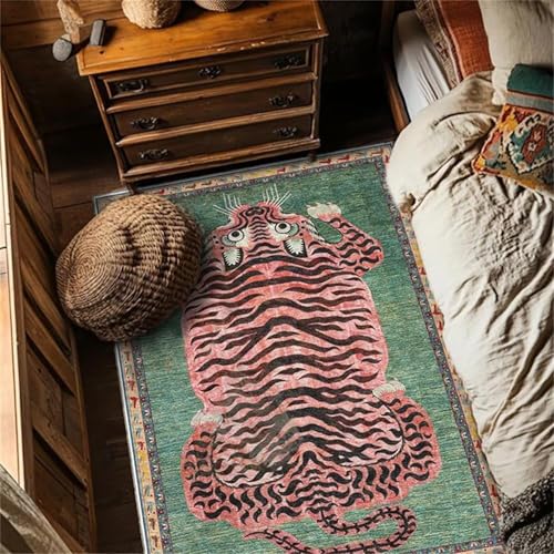 Tibetischer Tiger-Teppich für den Eingangsbereich, Boho, grüner Tiger, waschbar, Leopardenmuster, für Schlafzimmer, Küche, rutschfest, niedriger Flor, Tierbodenmatte (Orange, 140 x 200 cm) von BLOSSOMLIFE
