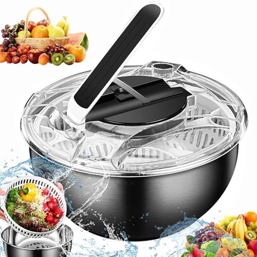 BLOSSS Edelstahl-Salattrockner, 3,5-Liter-Salatschleuder mit Pressfunktion, Doppelschicht-Salatwäscher, Sieb, Abtropfgestell und Dörrgerät zum Reinigen, Trocknen und Aufbewahren von BLOSSS