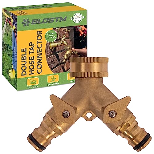 BLOSTM 2 Wege Verteiler Wasser - Messing Wasserverteiler 2fach Wasserhahn Adapter Anti-Leck Garten 2 Wege Verteiler für Bewässerungssystem, Schlauch & Gartengeräte - 9.5 x 7.5cm von BLOSTM