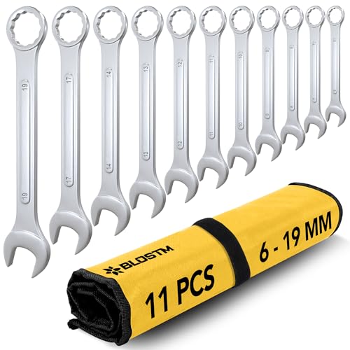 BLOSTM Ringmaulschlüssel-Set – 11pcs Schraubenschlüssel-Set (6 mm-19 mm), verchromt, gesenkgeschmiedet, doppelseitiges metrisches Schraubenschlüssel-Set - inklusive aufrollbarer Aufbewahrungstasch von BLOSTM