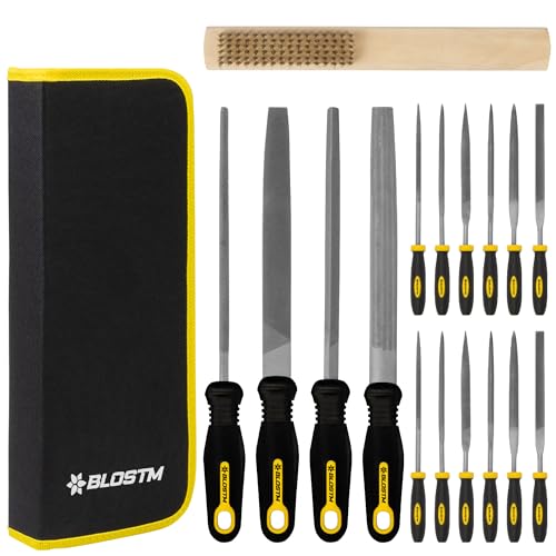 BLOSTM Sortiertes Metallfeilen Set 17pcs - 4 Großen Metallfeilen und 12 Nadelfeilen mit Kompaktem Werkzeugkoffer und Bürste - Feilenset Metall auf Glätten, Schärfen oder Formen - Holzfeilen Set von BLOSTM