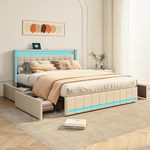 BLSYHDH Bett, Bettkasten, 140 x 200 cm, LED, USB, gepolstert, mit 4 Schubladen, Kopfteil, Stauraum, Doppelbett, mit Stauraum, gepolstertes Bett mit Lattenrost (Beige + Leinen, 140 x 200 cm) von BLSYHDH