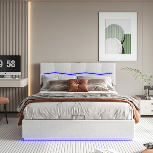 BLSYHDH Bett mit Kofferraum, 140 x 200 cm, mit LED, gepolstert, hydraulisch, mit Kofferraum, Doppelbett, LED (Beige + PU, 140 x 200) von BLSYHDH