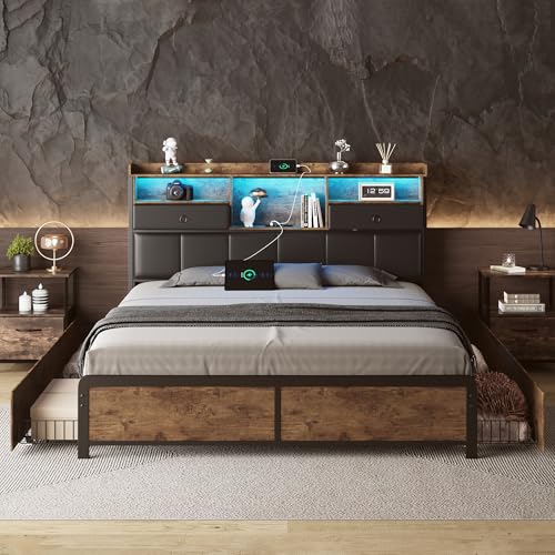 BLSYHDH Bett mit Kofferraum, 140 x 200 cm, mit LED, gepolstertes Bett mit 4 Schubladen, Doppelbett mit 2 USB-Anschlüssen und 2 EU-Ladeanschlüssen, gepolstertes Bett mit Kofferraum, Doppelbett, LED von BLSYHDH