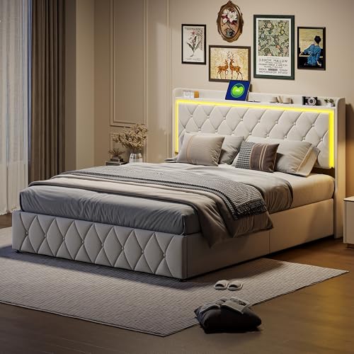 BLSYHDH Bett mit Kofferraum, 160 x 200 cm, mit LED, gepolstertes Bett, hydraulisch, mit Kofferraum und Kopfteil, Doppelbett, gepolstert, Bett mit Lattenrost, Flanell (Beige-B, 160 x 200) von BLSYHDH