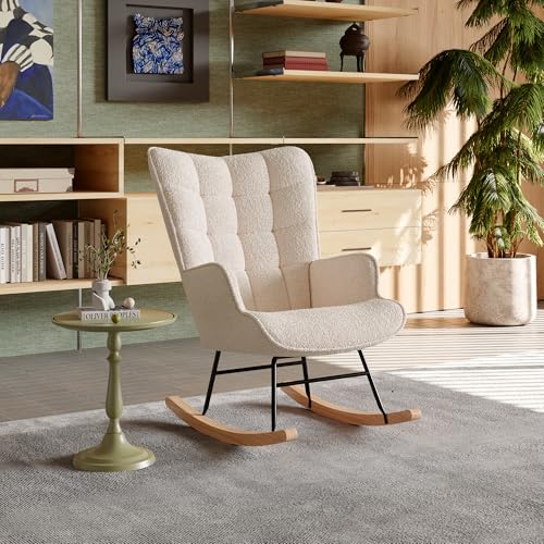 BLSYHDH Schaukelstuhl mit Metallbeinen, Schaukelstuhl aus Holz, für den Außenbereich, mit hoher Rückenlehne, Relaxsessel für Schlafzimmer, Wohnzimmer, Balkon (Beige-12) von BLSYHDH