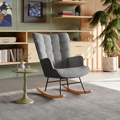 BLSYHDH Schaukelstuhl mit Metallbeinen, Schaukelstuhl aus Holz, für den Außenbereich, mit hoher Rückenlehne, Relaxsessel für Schlafzimmer, Wohnzimmer, Balkon (Dunkelgrau - 10) von BLSYHDH