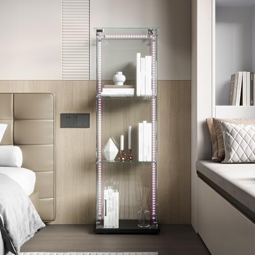 Glasvitrine Standvitrine,Glasvitrine Stehend mit Led,3 Lagen Glas Holz Glas Vitrine Vitrinenschrank 1 TüR und Schloss Vitrine Glasschrank Display Cabinet Sammlervitrine (Schwarz, 3 Etagen 1 Tür+LED-2) von BLSYHDH