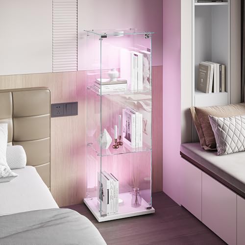 Glasvitrine Standvitrine,Glasvitrine Stehend mit Led,3 Lagen Glas Holz Glas Vitrine Vitrinenschrank 1 TüR und Schloss Vitrine Glasschrank Display Cabinet Sammlervitrine (Weiß, 3 Etagen 1 Tür+LED-1) von BLSYHDH
