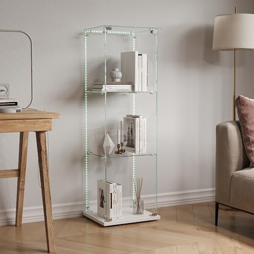 Glasvitrine Standvitrine,Glasvitrine Stehend mit Led,3 Lagen Glas Holz Glas Vitrine Vitrinenschrank 1 TüR und Schloss Vitrine Glasschrank Display Cabinet Sammlervitrine (Weiß, 3 Etagen 1 Tür+LED-2) von BLSYHDH