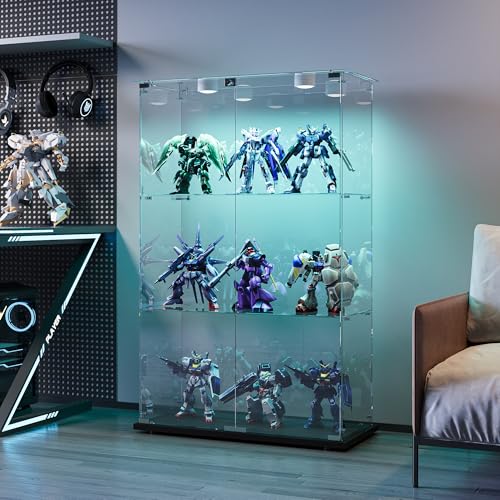 Glasvitrine Standvitrine,Glasvitrine Stehend mit Led,3 Lagen Glas Holz Glas Vitrine Vitrinenschrank 2 TüR und Schloss Vitrine Glasschrank Display Cabinet Sammlervitrine (Schwarz, 3 Etagen 2 Tür+LED-1) von BLSYHDH