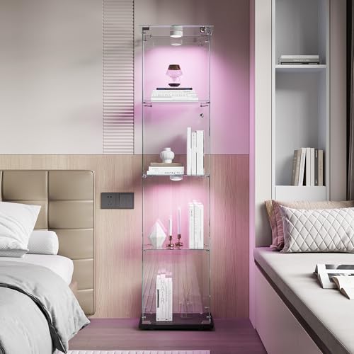 Glasvitrine Standvitrine,Glasvitrine Stehend mit Led,4 Lagen Glas Holz Glas Vitrine Vitrinenschrank 1 TüR und Schloss Vitrine Glasschrank Display Cabinet Sammlervitrine (Schwarz, 4 Etagen 1 Tür+LED-1) von BLSYHDH