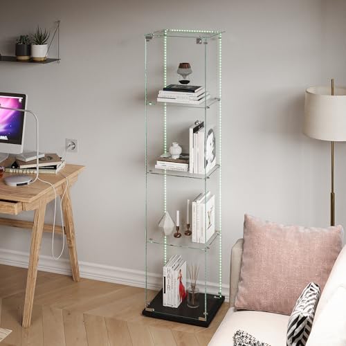 Glasvitrine Standvitrine,Glasvitrine Stehend mit Led,4 Lagen Glas Holz Glas Vitrine Vitrinenschrank 1 TüR und Schloss Vitrine Glasschrank Display Cabinet Sammlervitrine (Schwarz, 4 Etagen 1 Tür+LED-2) von BLSYHDH
