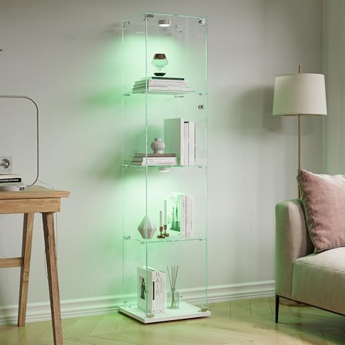Glasvitrine Standvitrine,Glasvitrine Stehend mit Led,4 Lagen Glas Holz Glas Vitrine Vitrinenschrank 1 TüR und Schloss Vitrine Glasschrank Display Cabinet Sammlervitrine (Weiß, 4 Etagen 1 Tür+LED-1) von BLSYHDH