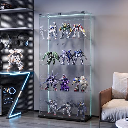 Glasvitrine Standvitrine,Glasvitrine Stehend mit Led,4 Lagen Glas Holz Glas Vitrine Vitrinenschrank 2 TüR und Schloss Vitrine Glasschrank Display Cabinet Sammlervitrine (Schwarz, 4 Etagen 2 Tür+LED-2) von BLSYHDH