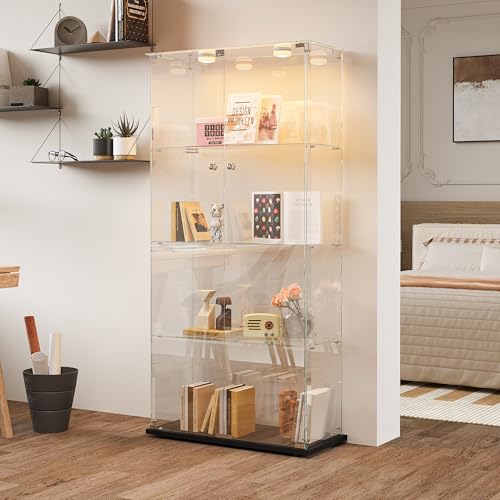Glasvitrine Standvitrine,Glasvitrine Stehend mit Led,4 Lagen Glas Holz Glas Vitrine Vitrinenschrank 2 TüR und Schloss Vitrine Glasschrank Display Cabinet Sammlervitrine (Schwarz, 4 Etagen 2 Tür+LED-1) von BLSYHDH