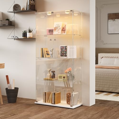 Glasvitrine Standvitrine,Glasvitrine Stehend mit Led,4 Lagen Glas Holz Glas Vitrine Vitrinenschrank 2 TüR und Schloss Vitrine Glasschrank Display Cabinet Sammlervitrine (Weiß, 4 Etagen 2 Tür+LED-1) von BLSYHDH