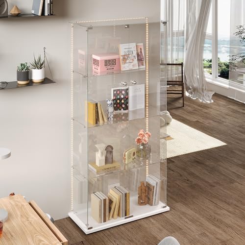 Glasvitrine Standvitrine,Glasvitrine Stehend mit Led,4 Lagen Glas Holz Glas Vitrine Vitrinenschrank 2 TüR und Schloss Vitrine Glasschrank Display Cabinet Sammlervitrine (Weiß, 4 Etagen 2 Tür+LED-2) von BLSYHDH