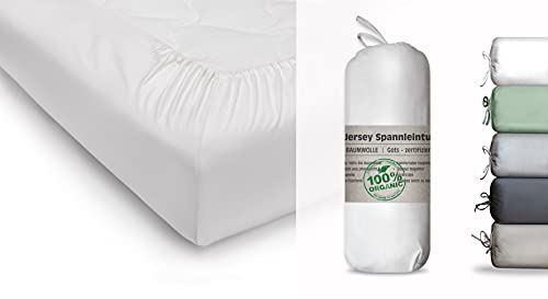 Blue Moon Bio Baumwolle Jersey Bettlaken - Spannbettlaken 90x200cm - Spannbetttuch Bettlaken 90x200cm Organic Cotton GOTS-Zertifiziert Ökotex Made in Green (Weiss 2er Set, 90-100 x 200 cm) von BLUE MOON