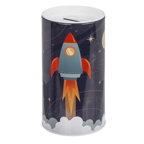 Dekorative Spardose aus Metall mit Motiv Astronaut oder Weltraumrakete, abnehmbarer Deckel, 15 x 8 x 8 cm (Weltraumrakete) von BLUECHOLON