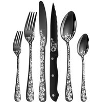 Bluedeer - Besteck Set Schwarz für 4 Personen, 24-teiliges Edelstahl Besteckset mit Steakmessern, Essbesteck Set Spiegel Polierter mit Blumenmustern, von BLUEDEER