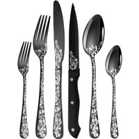 Bluedeer - Besteck Set Schwarz für 4 Personen, 24-teiliges Edelstahl Besteckset mit Steakmessern, Essbesteck Set Spiegel Polierter mit Blumenmustern, von BLUEDEER