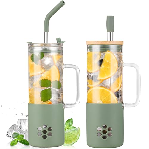 BLUEGO 600ml Glasbecher mit 2 Deckeln und Henkel, Niedlicher Glasbecher mit Strohhalmen und Silikonhülle, Eiskaffeebecher, 0,6L Smoothiebecher, Bubble Tea Becher, Reisebecher, Oliver von BLUEGO