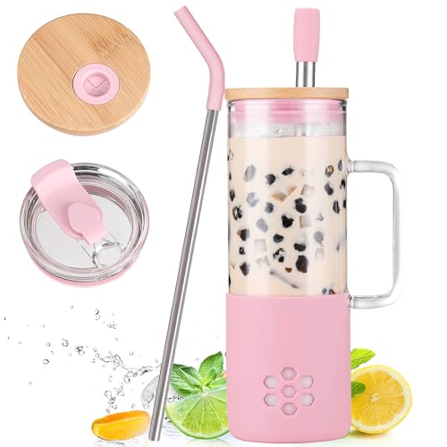 BLUEGO 600ml Glasbecher mit 2 Deckeln und Henkel, Niedlicher Glasbecher mit Strohhalmen und Silikonhülle, Eiskaffeebecher, 0,6L Smoothiebecher, Bubble Tea Becher, Reisebecher, Rosa von BLUEGO